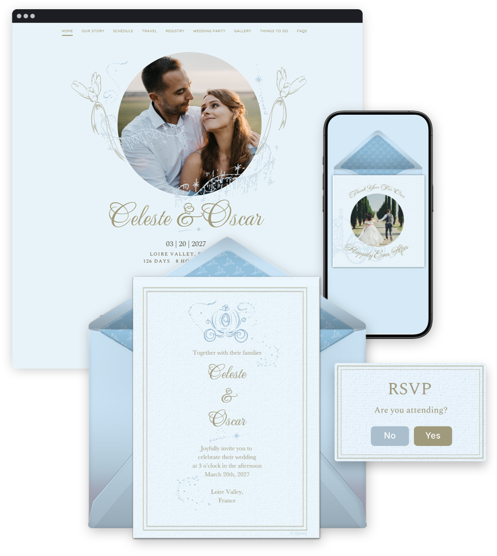 Disney wedding collection featuring website, invitation, and RSVP designs